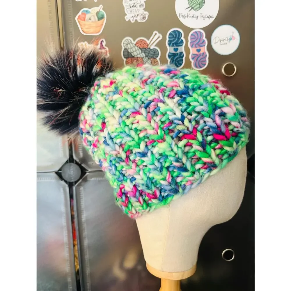 Hand Knit Merino Wool Beanie: DefiKnitly Tasteful Knit Hat with Faux Fur Pom